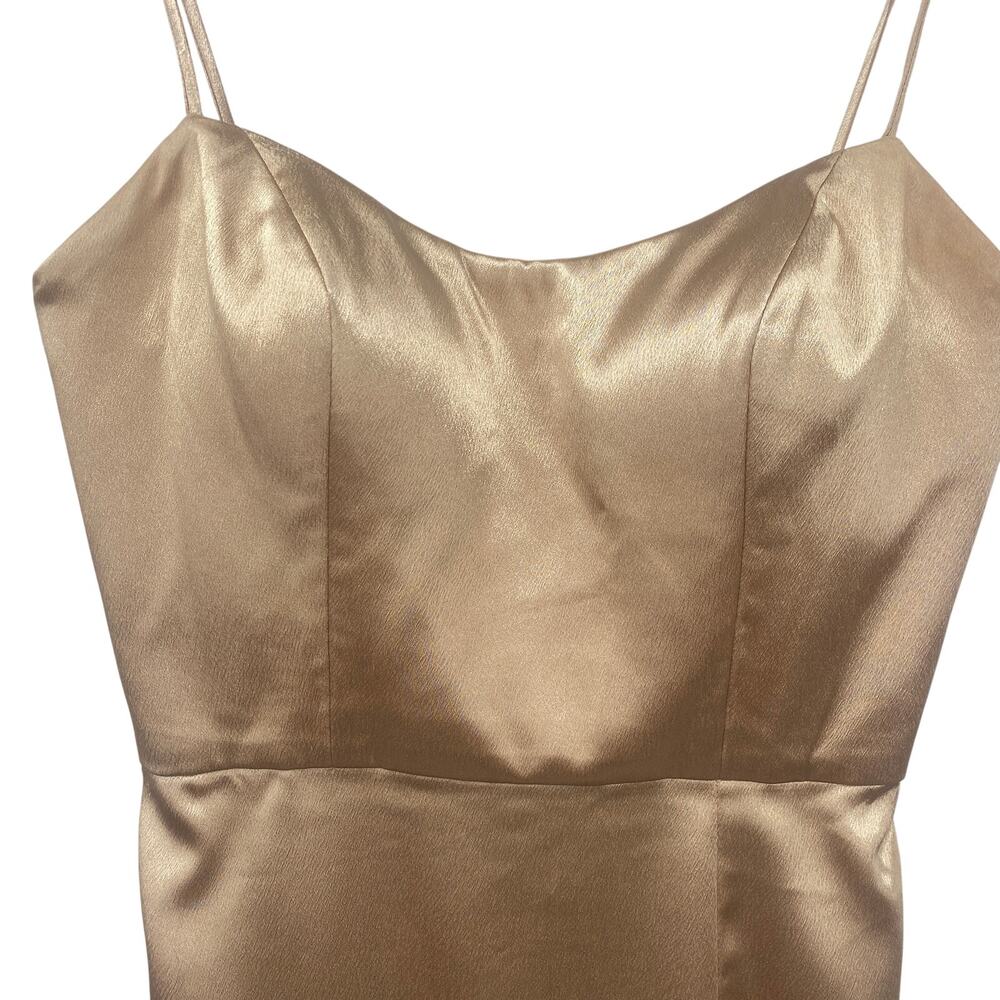 Jenny Yoo Chase Satin Formal Gown Fitted Leg Slit Champagne Gold Metallic 2 - Picture 3 of 14